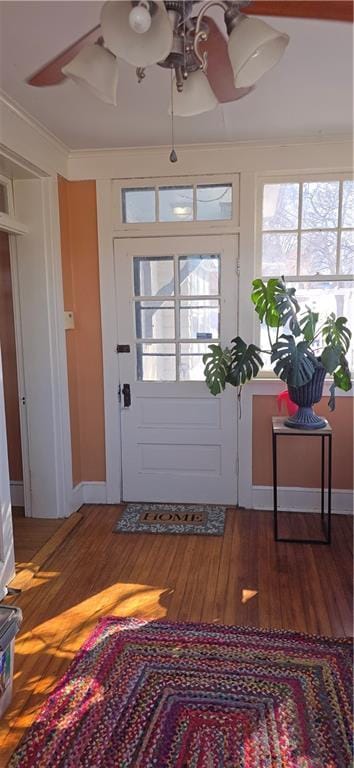 doorway featuring ceiling fan, ornamental molding, and wood finished floors