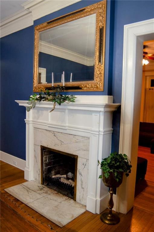 details featuring ornamental molding, a premium fireplace, wood finished floors, and baseboards