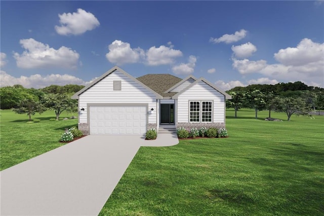 view of front of home with an attached garage, driveway, and a front yard