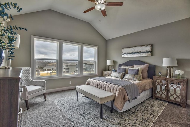 bedroom featuring carpet floors, lofted ceiling, ceiling fan, and baseboards