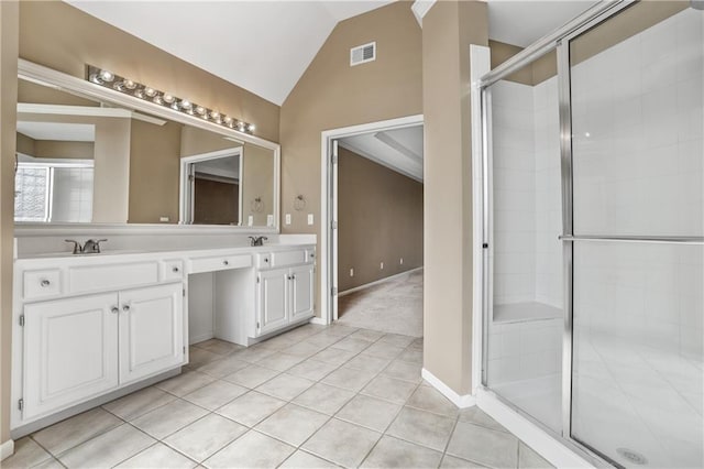 full bath with lofted ceiling, tile patterned flooring, a sink, visible vents, and double vanity