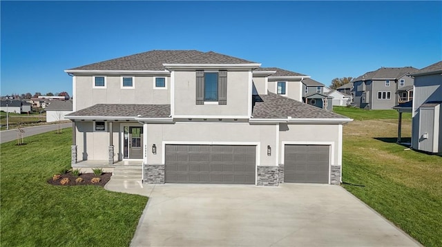 view of front of home with stone siding, a residential view, and a front yard