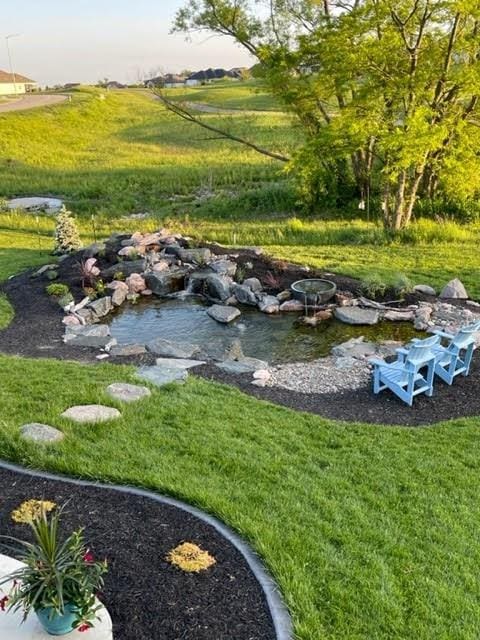 view of yard featuring a small pond