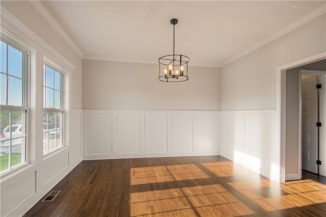 9100 NE 98th Ter, Kansas City, MO 64157 - unfurnished dining area with a decorative wall, dark wood finished floors, a chandelier, ornamental molding, and wainscoting