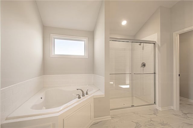 9100 NE 98th Ter, Kansas City, MO 64157 - bathroom with marble finish floors, a bath, and a shower stall