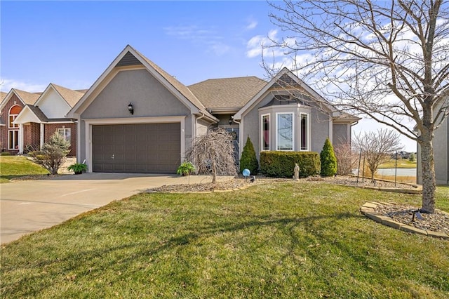 ranch-style home with a front yard, concrete driveway, an attached garage, and stucco siding