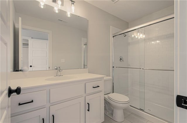 full bath with vanity, visible vents, tile patterned flooring, a shower stall, and toilet