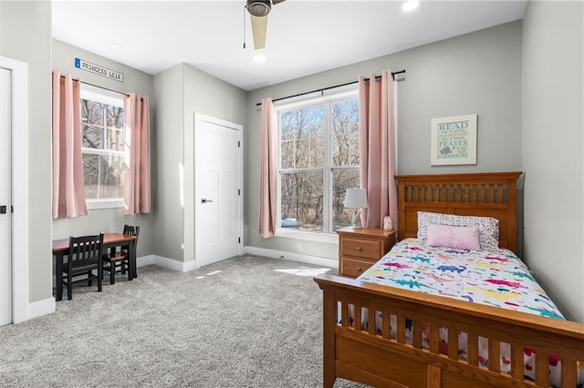 bedroom featuring recessed lighting, carpet flooring, a ceiling fan, and baseboards