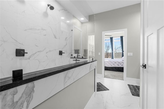 full bathroom with a marble finish shower, recessed lighting, marble finish floor, and ensuite bathroom