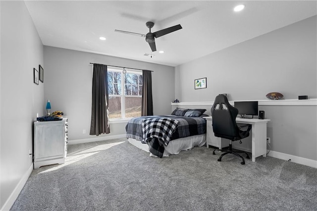 bedroom with recessed lighting, baseboards, and carpet