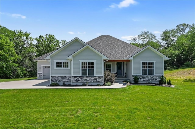 13723 Raliegh Ln, Holt, MO 64048 - view of front of house with stone siding, a front yard, a porch, and an attached garage
