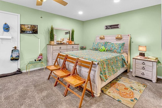 carpeted bedroom with recessed lighting, a ceiling fan, and baseboards