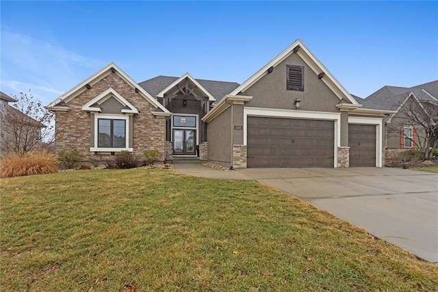 view of front of property with a front yard, an attached garage, stucco siding, concrete driveway, and stone siding