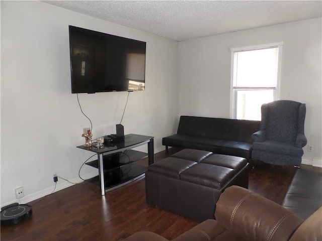 living area featuring wood finished floors, baseboards, and a textured ceiling