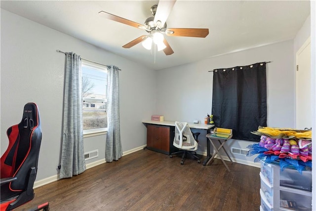 home office featuring ceiling fan, visible vents, baseboards, and wood finished floors