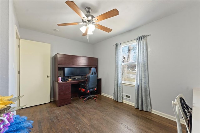 home office featuring visible vents, baseboards, wood finished floors, and a ceiling fan