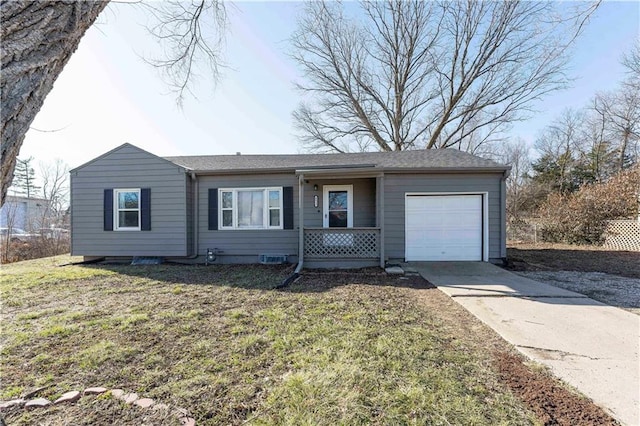 single story home featuring a garage, a front lawn, and driveway