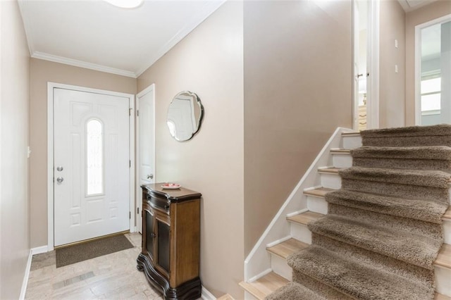 7345 Booth St, Prairie Village, KS 66208 - entryway featuring baseboards, stairs, and ornamental molding
