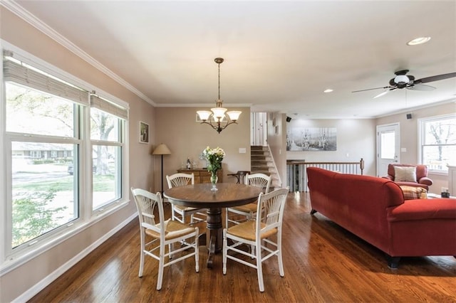 7345 Booth St, Prairie Village, KS 66208 - dining space featuring stairway, crown molding, wood finished floors, baseboards, and recessed lighting