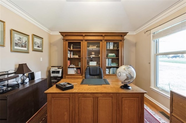 7345 Booth St, Prairie Village, KS 66208 - office area with a wealth of natural light, crown molding, wood finished floors, and visible vents