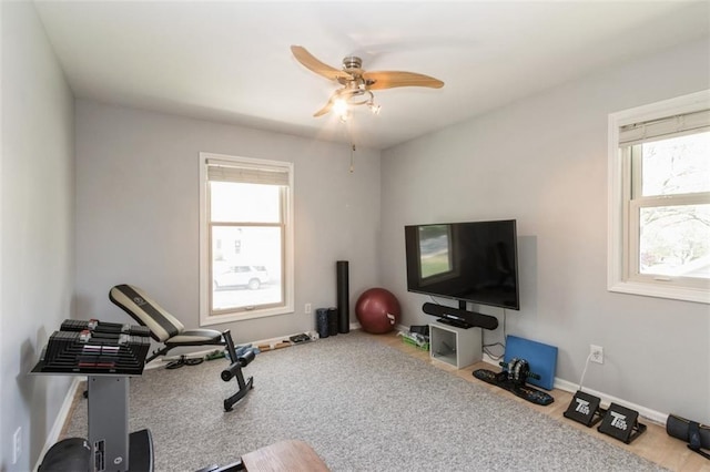 7345 Booth St, Prairie Village, KS 66208 - workout area featuring a wealth of natural light, a ceiling fan, and baseboards