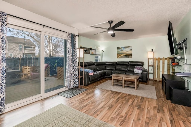 living area featuring ceiling fan, a textured ceiling, and wood finished floors