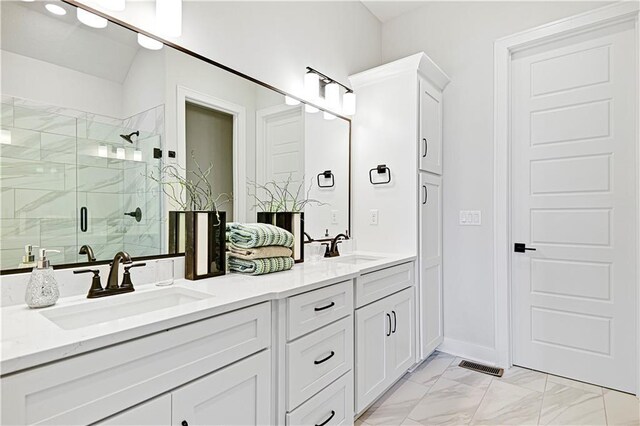 15026 W 129th Ter, Olathe, KS 66062 - bathroom with a shower stall, double vanity, and marble look tiles