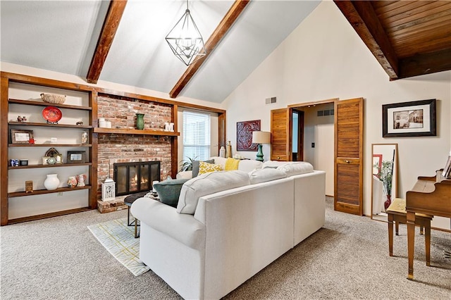 living area featuring visible vents, beam ceiling, high vaulted ceiling, a fireplace, and light colored carpet