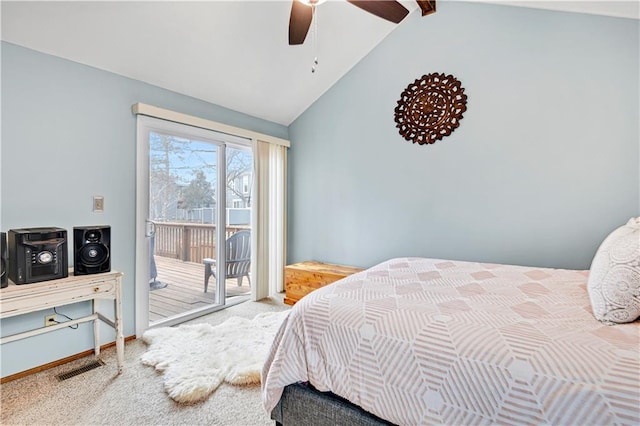 carpeted bedroom featuring visible vents, ceiling fan, baseboards, vaulted ceiling, and access to outside