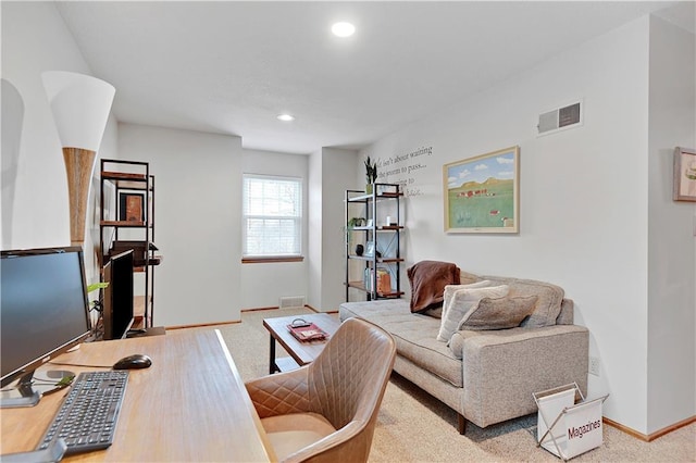 carpeted home office featuring recessed lighting, visible vents, and baseboards