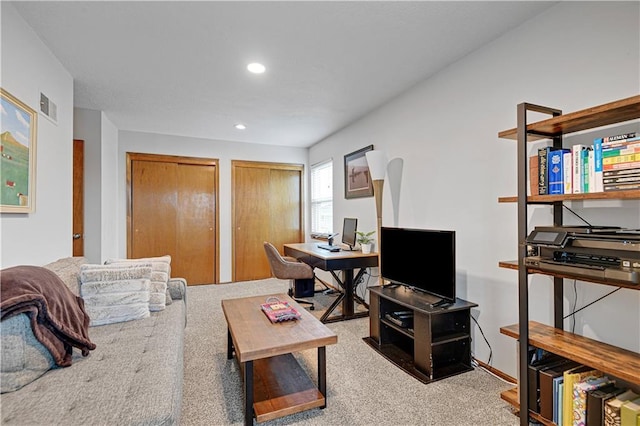 office area featuring visible vents, recessed lighting, and carpet