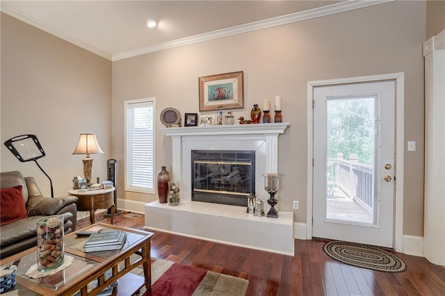 living room with dark wood-type flooring, a fireplace, baseboards, and ornamental molding