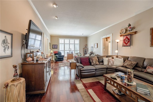 living area featuring ornamental molding and dark wood-type flooring