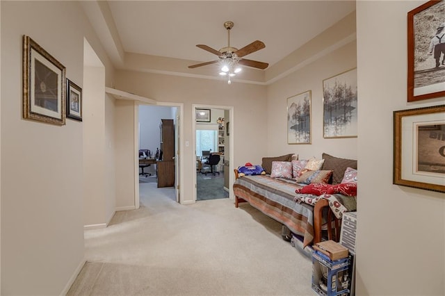 hall featuring a tray ceiling, light colored carpet, and baseboards