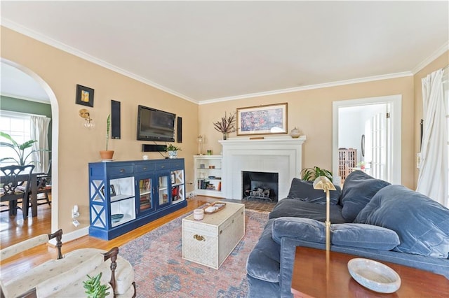 319 S Elm St, Ottawa, KS 66067 - living room featuring crown molding, wood finished floors, arched walkways, and a fireplace