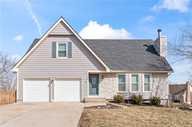 view of front facade featuring a garage, a shingled roof, fence, driveway, and a chimney