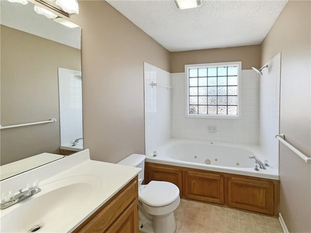 full bathroom with a combined bath / shower with jetted tub, toilet, a textured ceiling, and vanity