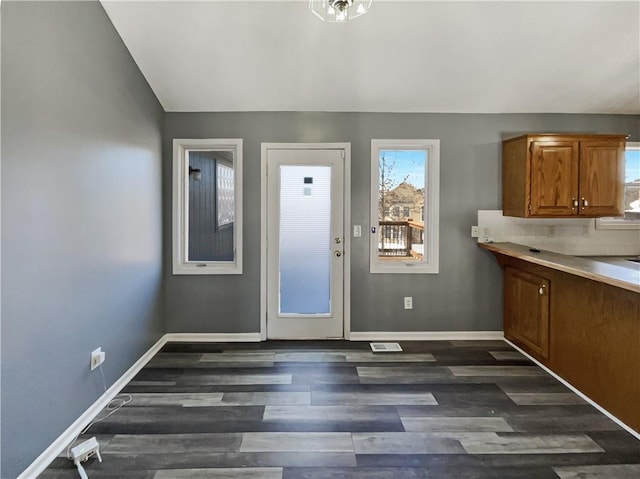 interior space featuring baseboards, vaulted ceiling, and dark wood-style flooring