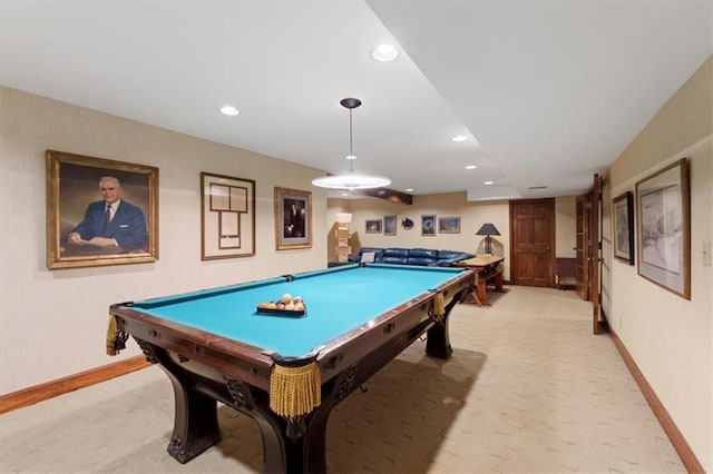 recreation room with light colored carpet, billiards, baseboards, and recessed lighting
