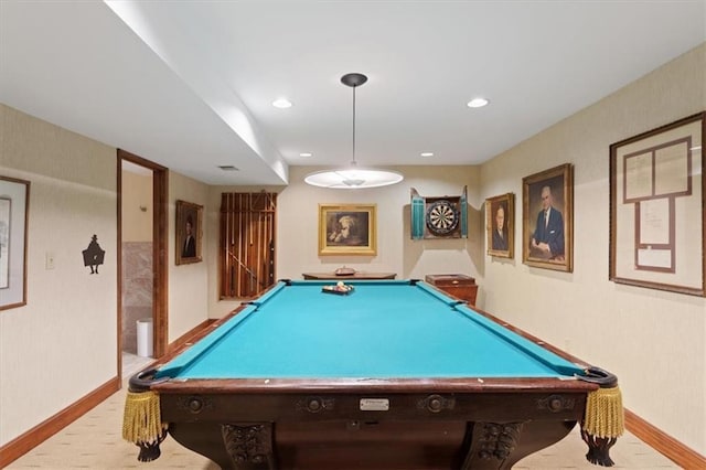 game room with billiards, baseboards, and recessed lighting