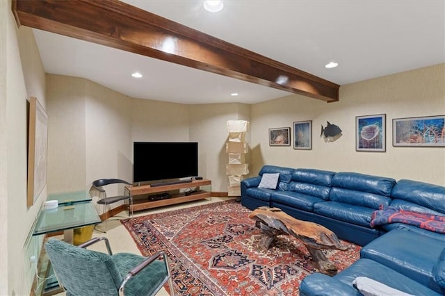 living room featuring recessed lighting and beam ceiling