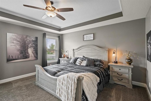 20880 W 224th St, Spring Hill, KS 66083 - carpeted bedroom with a raised ceiling, crown molding, baseboards, ceiling fan, and a textured ceiling