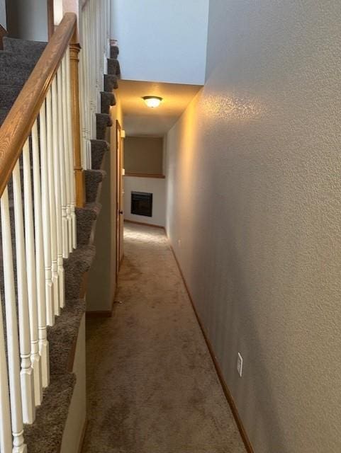 hall featuring light carpet and a textured wall