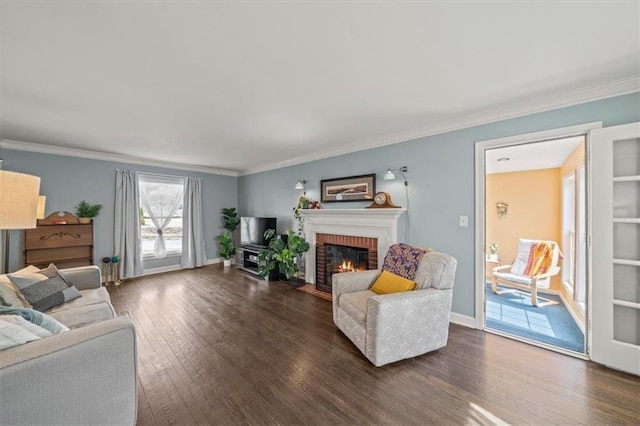 living room with ornamental molding, a fireplace, and wood finished floors