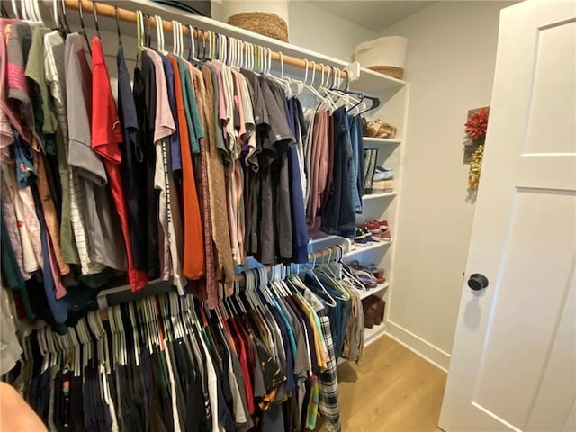 walk in closet with light wood finished floors