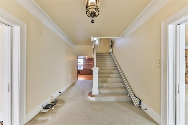 stairway with crown molding, baseboards, and carpet flooring