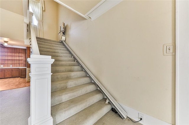 stairway featuring carpet