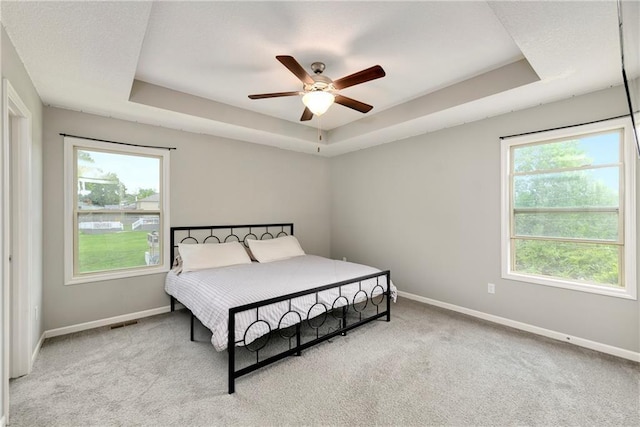 bedroom with a tray ceiling, multiple windows, and baseboards