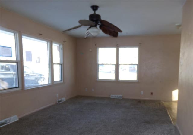 empty room featuring carpet, plenty of natural light, and visible vents