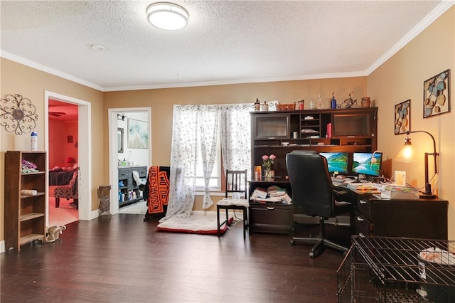 office with a textured ceiling, ornamental molding, and dark wood finished floors